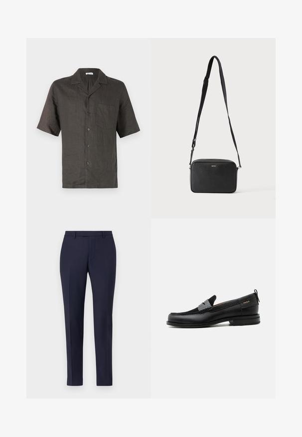 Kurzärmliges, collared Hemd aus dunkelgrauem Leinen mit einer Brusttasche und vorderem Knopfverschluss. Glatte Textur, lockerer Schnitt.; Navyblaue maßgeschneiderte Hose mit einem eleganten Design, flachem Vorderteil, schmalen Beinen und ohne sichtbare Beschläge oder Muster. Glatte Stofftextur.; Schwarzer Lederloafer mit grauem Riemendetail, niedrigem Absatz und strukturierter Sohle, seitlich mit „HUGO“ in Gold gebrandmarkt.; Schwarze rechteckige Umhängetasche mit verstellbarem Riemen und BOSS-Logo auf der Vorderseite, vor einem einfarbigen hellen Hintergrund.