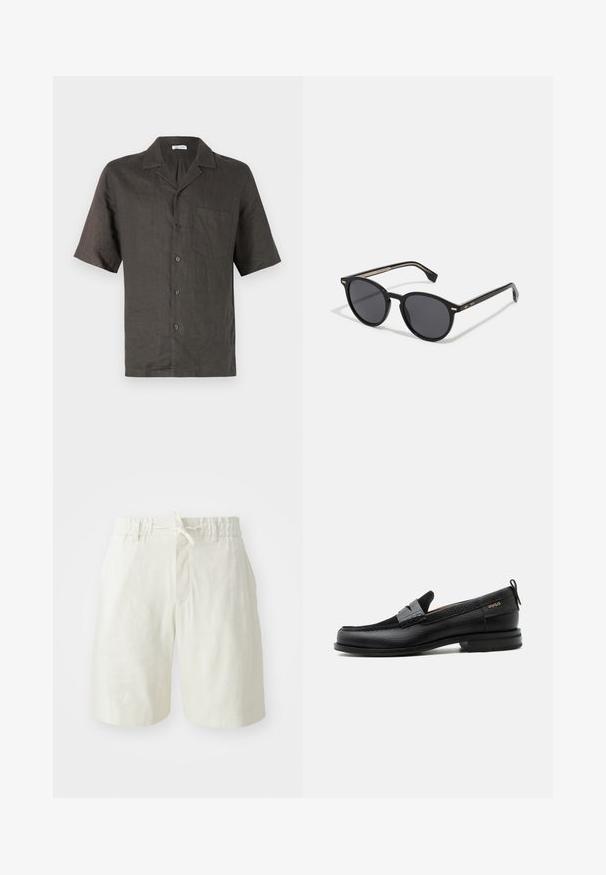 Camisa de manga corta, con cuello, en lino gris oscuro, que presenta un bolsillo en el pecho y cierre de botones al frente. Textura suave, corte relajado.; Pantalones cortos de color beige claro hechos de una tela suave y texturizada. Cuentan con una cinturilla elástica con cordón y un solo bolsillo frontal.; Mocasín de cuero negro con detalle de tira gris, tacón bajo y suela texturizada, con la marca "HUGO" en oro en el lateral.; BOSS Gafas de sol - black