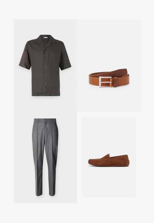 Camisa de manga corta, con cuello, en lino gris oscuro, que presenta un bolsillo en el pecho y cierre de botones al frente. Textura suave, corte relajado.; Pantalones de vestir grises a medida con pinzas y trabillas para cinturón, mostrados extendidos sobre un fondo blanco.; Mocasín de hombre en ante marrón con suela de goma y costuras estilo mocasín, visto de perfil sobre fondo blanco.; Cinturón de cuero marrón con hebilla rectangular de metal plateado. Textura suave con un extremo ligeramente afilado y un diseño limpio y simple.