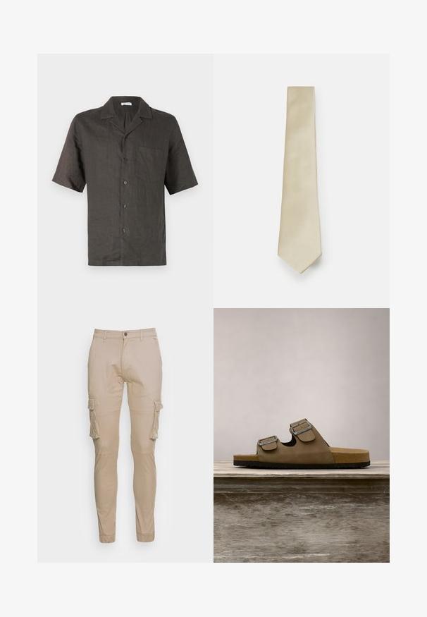 Korte ærmer, skjorte med krave i mørkegrå linned, med en brystlomme og frontknaplukning. Glat tekstur, afslappet pasform.; Beige cargo bukser lavet af bomuld med en slim fit, der har flere lommer og tapered ankler, designet til funktionalitet og komfort.; Brun sandal med to justerbare sølvspænder, en tekstureret fodseng og en letvægts gummisål, placeret på en træoverflade.; Lys beige slips med et subtilt diagonalt stribemønster, lavet af glat stof, med en spidse ende og en flad bredde hele vejen igennem.