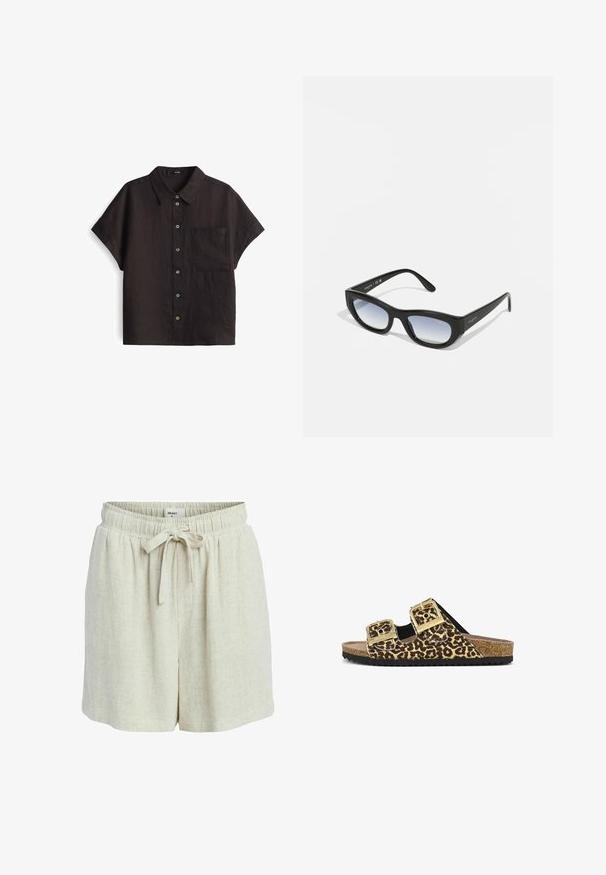 Zwarte linnen korte mouwen overhemd met een button-down voorkant, voorzien van een enkele borstzak en contrasterende knoopkleuren.; Lichtbeige shorts gemaakt van een gestructureerde stof met een elastische tailleband en een strikdetail aan de voorkant. Heeft een ontspannen pasvorm en zijzakken.; Leopardprint slide sandaal met twee gouden metalen gespen, tan kurken voetbed en gestructureerde zwarte rubberen zool. Verstelbare banden voor een goede pasvorm.; Zwarte zonnebril met een chunky frame, rechthoekige vorm en gradient lenzen. Heeft de merknaam "vogue" op de zijtak.