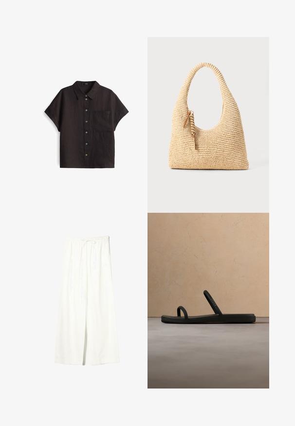 Zwarte linnen korte mouwen overhemd met een button-down voorkant, voorzien van een enkele borstzak en contrasterende knoopkleuren.; Witte linnen broek met brede pijpen, elastische tailleband en trekkoord, voorzien van zijzakken en een voorste split.; Zwarte Crocs-sandaal met minimalistische dubbele bandjes zwevend boven een beige tapijt in een ruimte met neutrale tinten en zachte meubelachtergrond.; Geweven beige handtas met een gebogen handvat, textuur oppervlak en een bruine kwastdetail. Heeft een slonzige, hobo-vorm.