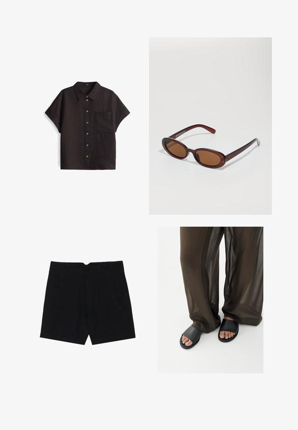 Chemise noire en lin à manches courtes avec un devant à boutons, comportant une poche poitrine unique et des couleurs de boutons contrastantes.; Shorts noirs en tissu lisse, avec des poches latérales, une coupe ajustée et des plis structurés à l'avant pour une silhouette épurée.; Pieds en sandales slides noires associés à un pantalon marron fluide et transparent sur un fond blanc uni.; Lunettes de soleil rondes teinte brun avec une monture bordeaux brillante. Branches fines avec un détail de marque subtil. Design de verres plats.