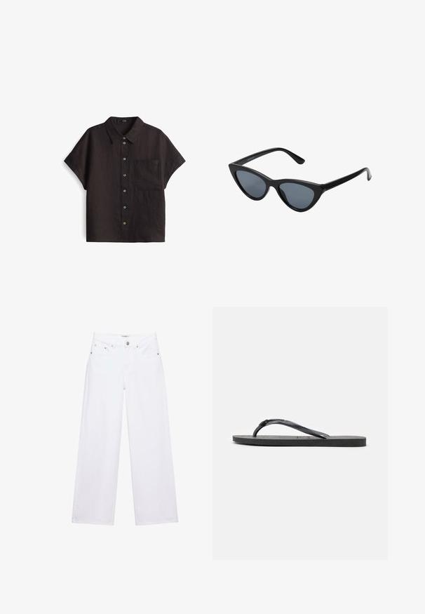 Chemise noire en lin à manches courtes avec un devant à boutons, comportant une poche poitrine unique et des couleurs de boutons contrastantes.; Jean blanc taille haute à jambes larges avec fermeture à boutons et zip, poches avant et arrière, et détails en rivets argentés.; Tongs en caoutchouc noir avec semelle texturée et bride en forme de Y, vues de côté sur un fond blanc.; Lunettes de soleil noires en forme d'œil de chat avec des verres gris foncé, monture en plastique élégante, coins pointus et branches droites. Pas de métal visible ni d'accents.
