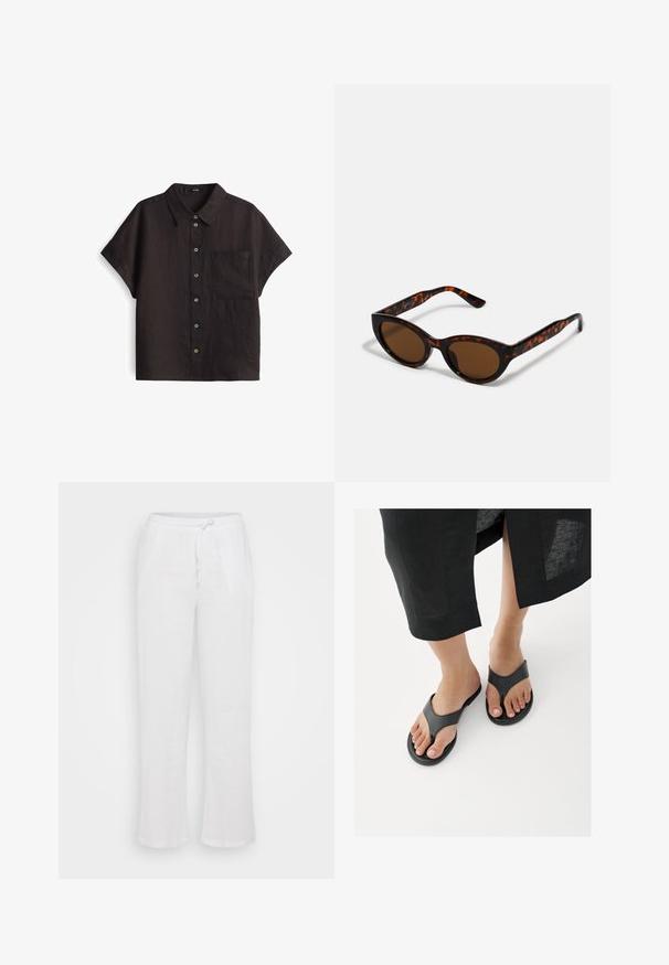 Zwarte linnen korte mouwen overhemd met een button-down voorkant, voorzien van een enkele borstzak en contrasterende knoopkleuren.; Witte linnen broek met een relaxte pasvorm, voorzien van een elastische tailleband en trekkoord. Rechte pijpen zonder patronen of extra accenten.; Close-up van voeten die zwarte leren teenslippers dragen, met een zoom van een zwarte rok zichtbaar boven de enkels op een witte vloer.; Bruine schildpad zonnebril met een vintage cat-eye vorm en bruine lenzen. Heeft gebogen armen met rode accenten.