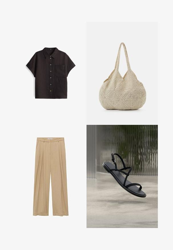 Zwarte linnen korte mouwen overhemd met een button-down voorkant, voorzien van een enkele borstzak en contrasterende knoopkleuren.; Beige wijde pantalon gemaakt van lichtgewicht stof, met voorplooien, riemlussen en een gladde textuur met een nette afwerking.; Zwarte minimalistische platte sandaal met dunne bandjes en een gesp die boven een betonnen vloer en een gestructureerde glazen achtergrond zweeft.; Even&Odd Shopper - off-white