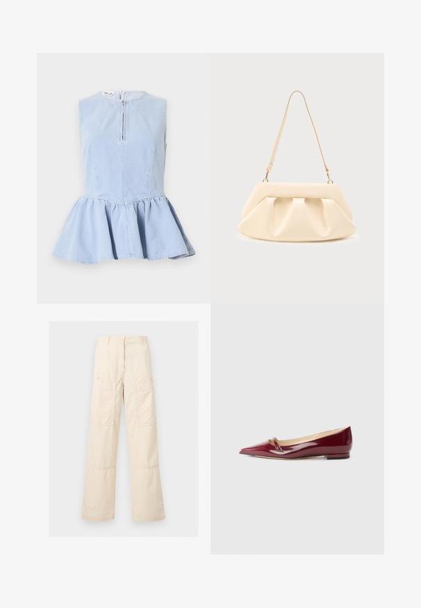 Haut en denim bleu clair sans manches avec un col rond, une fermeture éclair devant, un corsage cintré et un bas évasé à volant peplum.; Pantalon beige à jambes larges, taille haute, fermeture par bouton et zip, grandes poches latérales avec rabats à boutons.; Ballerines en cuir verni bordeaux avec un bout pointu, présentant un petit détail découpé et un petit talon. Texture lisse et design épuré.; Sac à main en cuir couleur crème avec des plis froncés, des ferrures dorées, et une seule bandoulière fine sur un fond uni.
