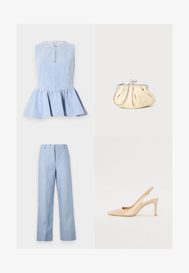 Haut en denim bleu clair sans manches avec un col rond, une fermeture éclair devant, un corsage cintré et un bas évasé à volant peplum.; Pantalon bleu clair à jambes larges avec taille haute, passants pour ceinture et détails de plis avant sur un fond uni.; Escarpin slingback en cuir verni nude avec un bout pointu, un décolleté ouvert et un talon aiguille fin. Comprend un accent doré circulaire sur la sangle.; Pochette en cuir beige plissé avec un cadre en métal argenté, dotée de deux fermoirs ronds décoratifs et d'une chaîne en argent.
