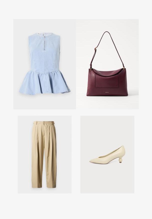 Haut en denim bleu clair sans manches avec un col rond, une fermeture éclair devant, un corsage cintré et un bas évasé à volant peplum.; Pantalon beige à taille haute plissé avec passants pour ceinture, fermeture éclair à l'avant et jambes larges et droites sur un fond uni.; Escarpin couleur crème à bout pointu avec un talon bas unique en forme de bulbe sur fond blanc uni.; Sac à main en cuir bordeaux avec un rabat courbé, une poche avant et un logo doré. Il dispose d'une bandoulière unique pour un transport facile.