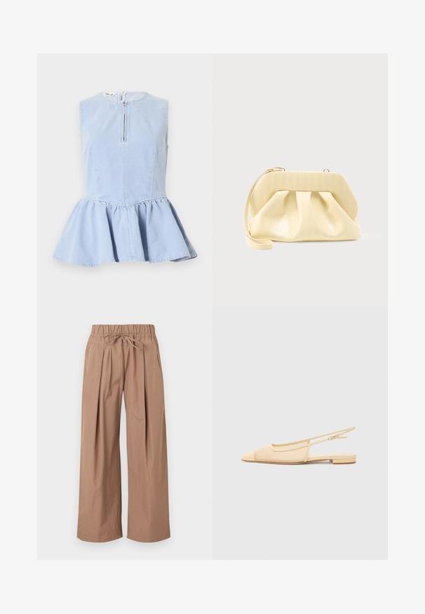Haut en denim bleu clair sans manches avec un col rond, une fermeture éclair devant, un corsage cintré et un bas évasé à volant peplum.; Pantalon large marron clair avec taille élastique et cordon noué, avec plis à l'avant et poches latérales.; Chaussure plate slingback en beige clair avec une tige en maille, un bout pointu et un petit talon. Dotée d'une sangle ajustable pour un bon maintien.; Pochette en cuir couleur crème avec un cadre supérieur structuré et une lanière pour poignet, présentée sur un fond clair uni.