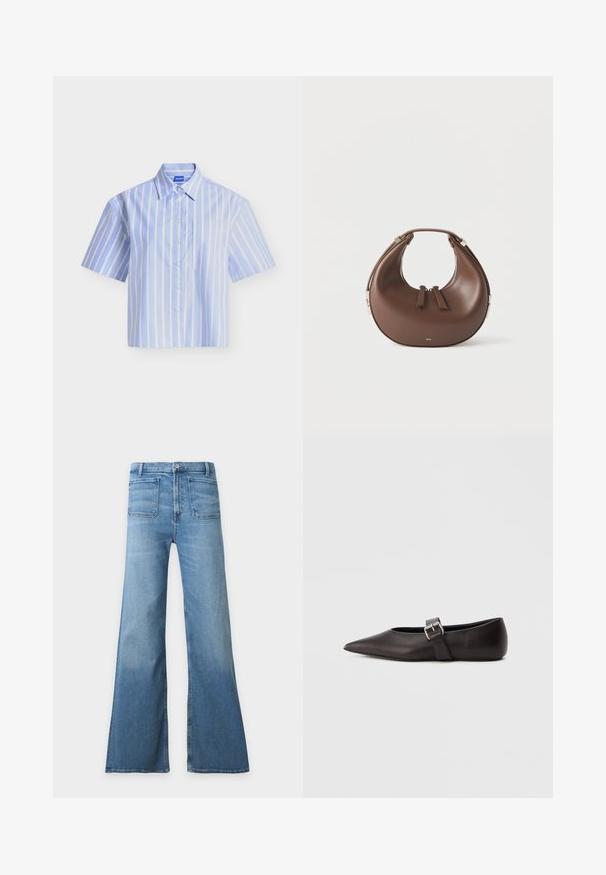 Chemise bleu clair à manches courtes avec rayures verticales blanches et poche poitrine, présentée à plat sur fond blanc.; Jean en denim bleu clair taille haute avec jambes larges évasées, poches plaquées à l’avant, fermeture par boutons et passants de ceinture.; Chaussure plate en cuir noir à bout pointu avec une fine lanière et une boucle métallique sur le côté. Texture lisse avec un design minimaliste.; Sac à main en cuir marron en forme de croissant avec une poignée supérieure et deux curseurs de fermeture éclair, sur fond blanc.