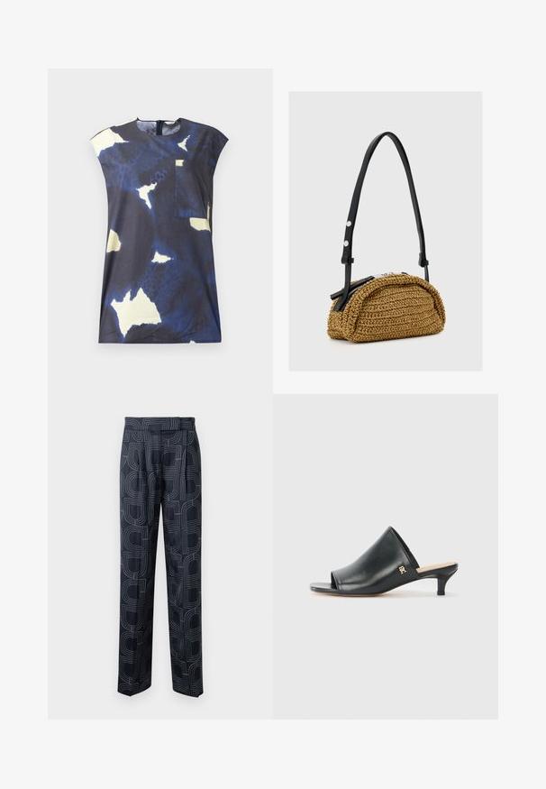 Marineblaues Oberteil mit abstrakten hellgelben und weißen Mustern. Verfügt über einen runden Ausschnitt und eine kleine aufgesetzte Tasche auf der Vorderseite.; Hosen mit marineblauem Muster, das ein geometrisches Design zeigt, aus glattem Stoff mit einer lässigen Passform und Frontfalten.; Schwarze Leder-Pantoletten mit offenen Zehen und niedrigem Absatz. Sie verfügen über eine glatte Oberfläche und ein goldenes Logo-Detail an der Seite.; Kleine hellbraune gewebte Handtasche mit geschwungener Form, schwarzem verstellbarem Lederträger und silbernem Reißverschluss.