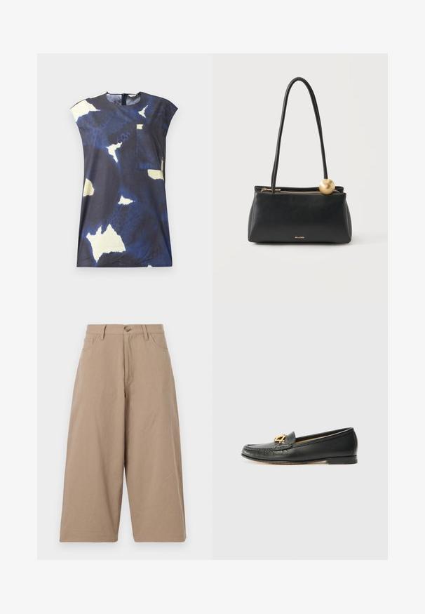 Marineblaues Oberteil mit abstrakten hellgelben und weißen Mustern. Verfügt über einen runden Ausschnitt und eine kleine aufgesetzte Tasche auf der Vorderseite.; Beige weite Baumwollhosen mit hoher Taille, frontalen Taschen und einer einzelnen Knopfverschluss. Glatte Textur und gerader Schnitt.; Schwarze Lederloafers mit einer gesteppten Zehenpartie, einem niedrigen Absatz und einem dekorativen goldenen Emblem an der Vorderseite. Glatte Textur, klassisches Design.; Schwarze rechteckige Ledertasche mit langen Henkeln, goldfarbenem Reißverschluss, goldener kugelförmiger Verzierung und kleinem ALDO-Logo vorne in der Mitte.
