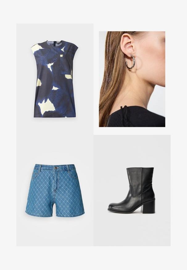 Marineblå top med abstrakte lysegule og hvide mønstre. Har en rund halsudskæring og en lille lappe lomme foran.; Denimshorts med et blåt geometrisk mønster, der har en frontknap og lynlås, fem lommer og en kant, der falder midt på låret.; Sort læderankelstøvle med rundet tå, sidesømme og en chunky blokhælk. Glat tekstur og minimalistisk design.; Sølv hoop ørestik med en poleret overflade, prydet med små guld accenter og en rund form, båret på øreflippen.