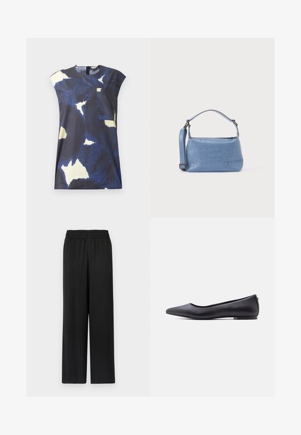 Top azul marino con patrones abstractos en amarillo claro y blanco. Presenta un cuello redondeado y un pequeño bolsillo en el frente.; Pantalones negros de pierna ancha con cinturilla elástica, hechos de una tela suave y ligera. Presenta un corte recto y sin patrones visibles.; Zapato plano de cuero negro con punta puntiaguda y tacón bajo, mostrado de perfil contra un fondo blanco.; Bolso azul claro con relieve de cocodrilo, asa corta y correa de hombro desmontable. Textura lisa con cierre de cremallera.