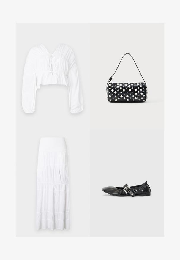 Witte cropped blouse met een V-hals, lange pofmouwen en geplooide details bij de taille. Heeft een striksluiting aan de voorkant.; Witte, gelaagde maxi-rok gemaakt van lichtgewicht stof. Voorzien van een elastische tailleband en een subtiele textuur met horizontale naden.; Zwarte leren platte schoen met een spitse neus, geplooide details rond de opening en een zilveren gespaccentueerde verstelbare band.; Zwarte leren handtas met een afgeronde vorm, versierd met zilverkleurige studs. Voorzien van een afneembare riem en ritssluiting. Gladde textuur.