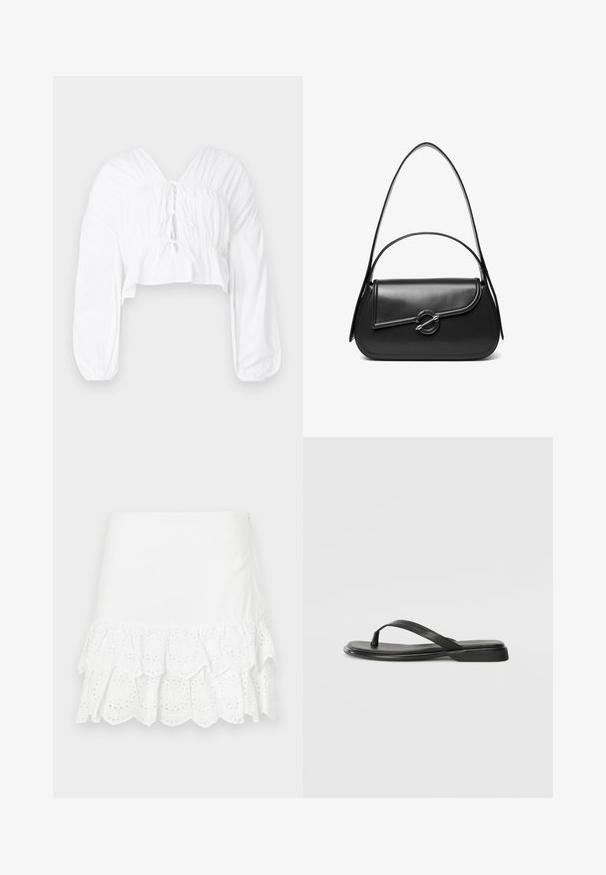 Witte cropped blouse met een V-hals, lange pofmouwen en geplooide details bij de taille. Heeft een striksluiting aan de voorkant.; Witte katoenen rok met een gelaagde ruffle-design en oogjes borduurwerk aan de zoom. Gladde textuur, hoogte boven de knie.; Zwarte teenflip-flop van glad leer, met een dunne band en een platte zool met een minimalistisch profiel. Geen opvallende patronen of accenten.; Zwarte leren schoudertas met een gebogen klep die is bevestigd met een ronde metalen sluiting en een smalle, verstelbare band.