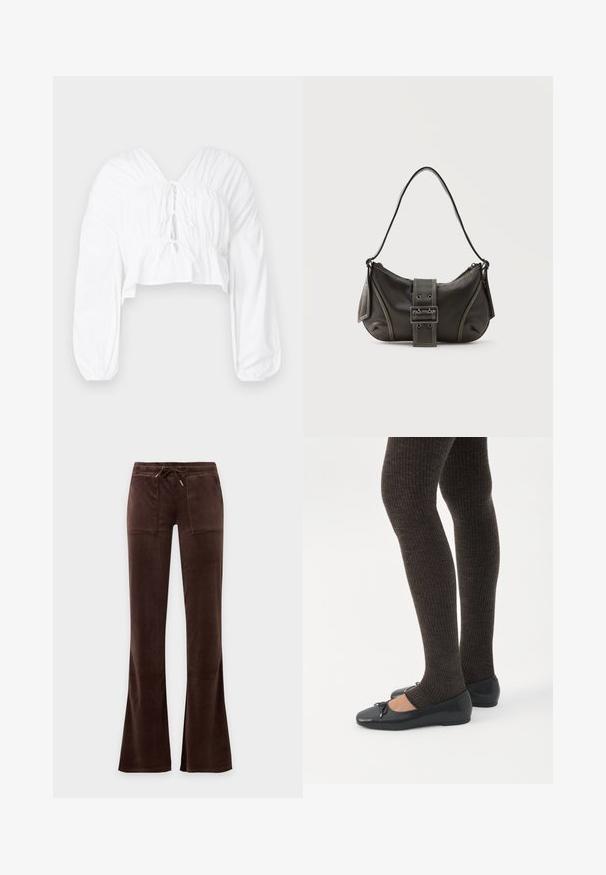 Weißes cropped Blusenshirt mit V-Ausschnitt, langen puffärmeln und gerafften Details an der Taille. Mit einer Bindung vorne.; Dunkelbraune Velourhose mit Kordelzugbund, zwei aufgesetzten Fronttaschen und leicht ausgestellten Beinen vor einfarbigem Hintergrund.; Beine in dunklen, gerippten Leggings kombiniert mit schwarzen Ballerinas mit kleinen Schleifendetails auf weißem Hintergrund.; Schwarze Leder-Schultertasche mit Schnallengurt-Detail, abgerundeten Kanten und kontrastierenden weißen Nähten auf schlichtem Hintergrund.