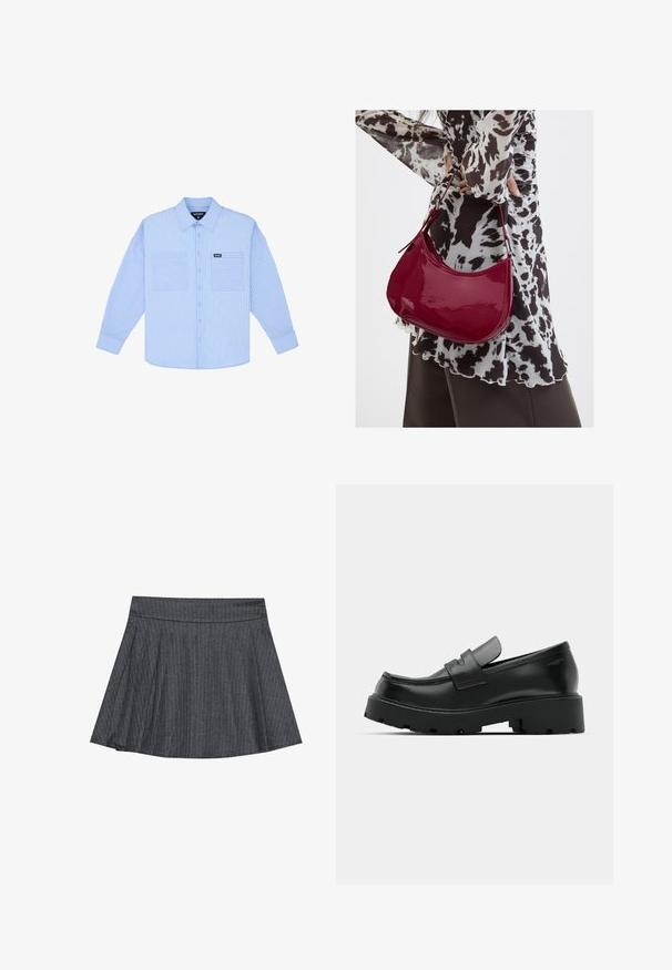 Chemise bleu clair à boutons avec des rayures blanches verticales, deux poches avant et un col classique. Fabriquée en tissu tissé avec une texture douce.; Jupe patineuse grise à rayures générales avec une taille ajustée, en forme évasée A et texture de tissu douce. Les lignes verticales renforcent l'intérêt visuel.; Mocassins en cuir noir avec une semelle épaisse et texturée, dotés d'une sangle sur le vamp et d'une finition lisse et polie.; Femme portant un chemisier à motif noir et blanc tenant un sac à main rouge brillant sur un fond uni.