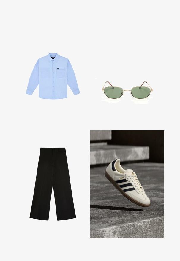 Chemise bleu clair à boutons avec des rayures blanches verticales, deux poches avant et un col classique. Fabriquée en tissu tissé avec une texture douce.; Pantalon noir à jambes larges avec fermeture par bouton et zip, passants de ceinture et plis d’avant, posé à plat sur fond blanc.; Baskets blanches Adidas Samba avec des bandes noires et une semelle en gomme, flottant au-dessus de marches en béton gris texturé.; Lunettes de soleil ovales à monture en métal doré avec des verres teintés verts et des branches fines reposant sur une surface blanche.