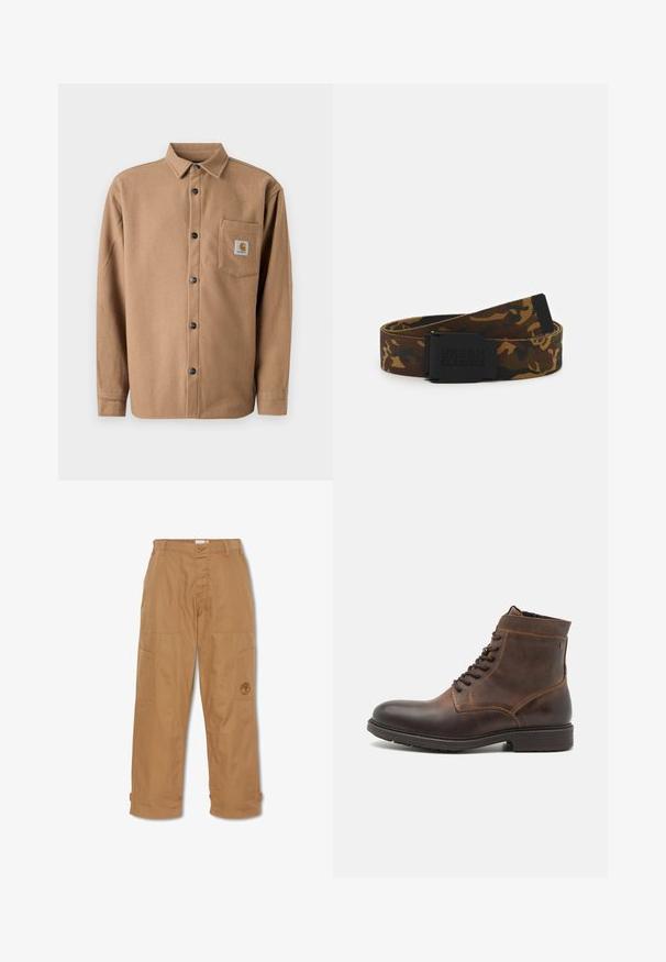 Brun flannel skjorte med knapper, lange ærmer, enkelt brystlomme med logopatch og sorte knapper. Blød tekstur.; Khaki arbejdsbukser, lavet af slidstærkt stof, har flere lommer, knaplukning og broderet logo på låret.; Jack & Jones JFWDELANEY BOOT - Snørestøvletter - cognac; Kamuflage stof bælte i nuancer af brun og grøn, med en sort spænde med "URBAN CLASSICS" logo og en struktureret overflade.