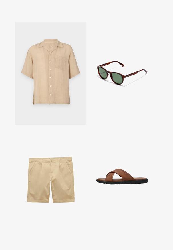 Kortærmet beige linnedskjorte med en notch-krave, forlommer og hvide knapper. Struktureret stof, afslappet pasform og lige kant.; Beige herreshorts til knæene med bæltestropper, frontlukning med knap og lynlås samt skrå frontlommer, vist på en hvid baggrund.; Brun lædersandal med krydsede remme, sort flad sål og "bugatti" præget på den øverste rem, vist i siden mod hvid baggrund.; Brune skildpaddedesign solbriller med runde rammer, grønne linser og mønstrede tempelarme. Har brandlogo på en arm.