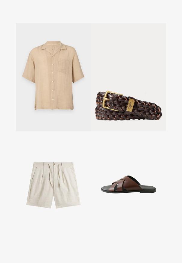 Kortærmet beige linnedskjorte med en notch-krave, forlommer og hvide knapper. Struktureret stof, afslappet pasform og lige kant.; Beige linnedshorts med knap- og snøre-lukning, forplisseringer, sidelommer og bæltestropper.; Herrebrun lædersandal med krydsede remme og sort sål, vist i profil mod hvid baggrund.; Mørkebrunt flettet læderbælte med spænde i rektangulær guld og en guldsmedalje med polo-spilleremblem.