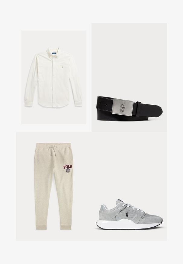 Wit overhemd met lange mouwen, knopen en kraag, met Polo Ralph Lauren-logo geborduurd op de linkerborst.; Beige joggingbroek met trekkoord, zijzakken en rood "POLO"-logo en embleem op de bovenste linker dij.; Grijze en witte sportschoen met mesh- en suède panelen, witte veters en een zwart logo aan de zijkant, afgebeeld op een eenvoudige achtergrond.; Zwarte leren riem met een rechthoekige zilverkleurige metalen gesp met een reliëf van een ruiterlogo, een gladde textuur en vijf riemgaten.