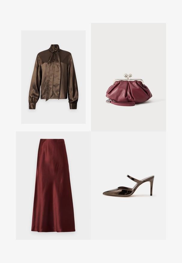 Brun satinbluse med høj hals og sløjfedetalje, udstyret med lange ærmer og knaplukning, glat tekstur og elegant fald.; Bordeauxfarvet satinkjole med en glat, skinnende tekstur og en lige silhuet. Har en høj talje og falder til ankel længde.; Skinnende mørkebrune mule med spids tå og høje hæle med en tynd rem over foden på en ensfarvet hvid baggrund.; Lille bordeaux rød læder clutch-pung med sølv metal lukning og håndledsrem på hvid baggrund.