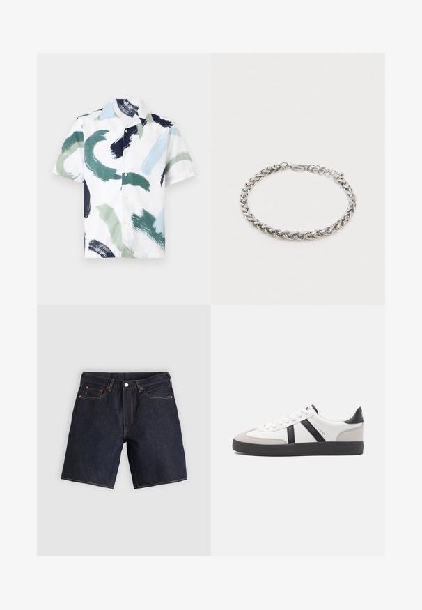 Chemise à manches courtes boutonnée avec des motifs abstraits de coups de pinceau en vert, bleu, noir et blanc sur fond blanc.; Shorts en denim foncé avec cinq poches, coutures orange et coupe classique. Le tissu présente une texture lisse avec une légère brillance.; Baskets blanches avec des accents noirs et gris, présentant un embout texturé gris, une semelle en caoutchouc noir et des lacets plats blancs. Design épuré, style minimaliste.; Bracelet en chaîne torsadée en argent avec un fermoir mousqueton et des maillons ajustables sur un fond blanc uni.