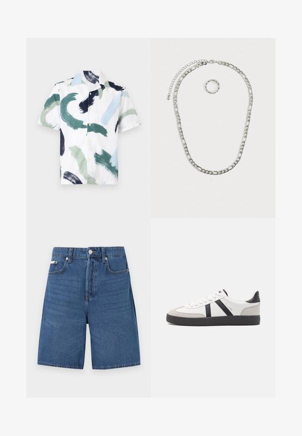 Chemise à manches courtes boutonnée avec des motifs abstraits de coups de pinceau en vert, bleu, noir et blanc sur fond blanc.; Short en denim bleu clair avec fermeture éclair devant, bouton, passants de ceinture et cinq poches, présenté sur fond blanc uni.; Baskets blanches avec des accents noirs et gris, présentant un embout texturé gris, une semelle en caoutchouc noir et des lacets plats blancs. Design épuré, style minimaliste.; Ensemble de bijoux en argent massif comprenant un collier à chaîne épaisse avec un fermoir à homard et une bague texturée assortie. Les deux pièces sont brillantes et métalliques.
