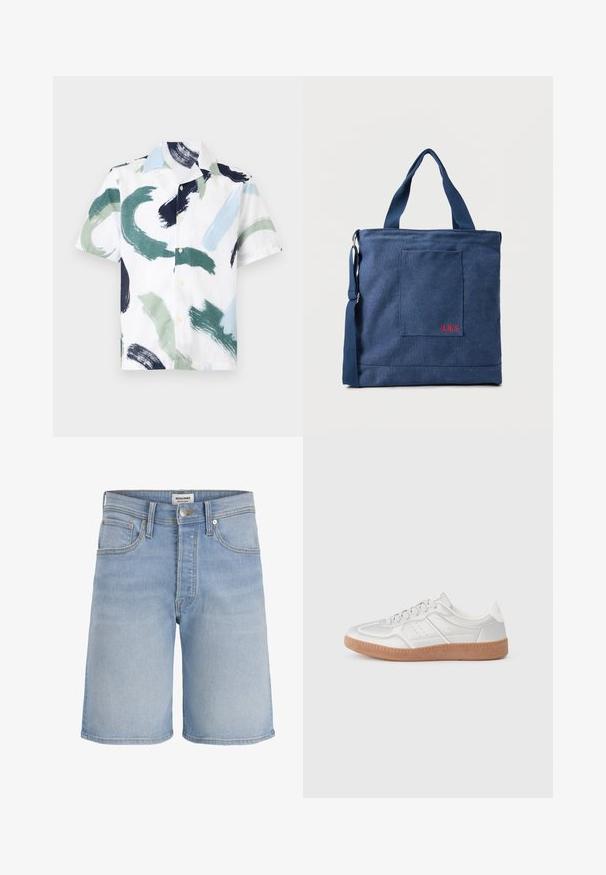 Chemise à manches courtes boutonnée avec des motifs abstraits de coups de pinceau en vert, bleu, noir et blanc sur fond blanc.; Short en denim bleu clair avec cinq poches, passants pour ceinture, braguette zippée et fermeture à bouton, présenté sur un fond blanc uni.; Baskets argentées avec une texture lisse, un design à lacets, des accents perforés et une semelle en caoutchouc marron texturé.; Sac fourre-tout en toile bleue avec poche frontale et broderie rouge "O.N.S", doté de doubles poignées et d'une bandoulière réglable.