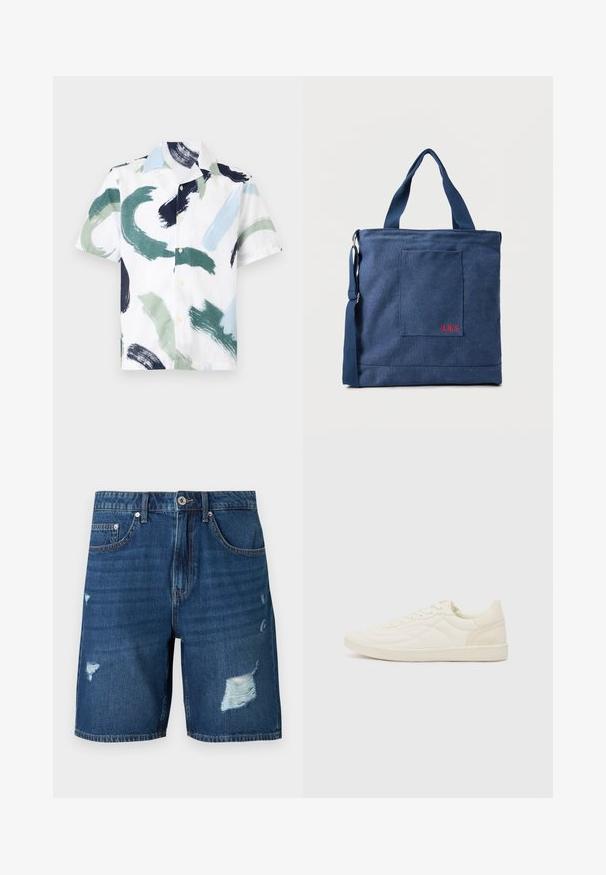 Chemise à manches courtes boutonnée avec des motifs abstraits de coups de pinceau en vert, bleu, noir et blanc sur fond blanc.; Short en jean bleu avec des zones usées sur la cuisse gauche et droite, avec poches avant, passants pour ceinture et fermeture par bouton.; ALDO THEPITCH - Baskets basses - white; Sac fourre-tout en toile bleue avec poche frontale et broderie rouge "O.N.S", doté de doubles poignées et d'une bandoulière réglable.