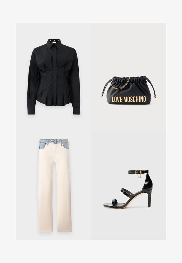 Zwarte fitted lange mouwen shirt met gestructureerde plooien onder de taille en een kraag gevoerd met gouden stippen op zwarte stof.; Lichtbeige rechte jeans met een lichtblauwe denim tailleband en zakdetails, gemaakt van katoen met een gladde textuur.; Zwarte gepatineerde leren sandaal met drie banden, enkelgesp en 10 cm hoge stiletto hak. Bevat gouden hardwaredetails en een logo charm.; Zwarte lederen handtas met geplooid effect, goudkleurige kettingriem en "LOVE MOSCHINO" opschrift in goud aan de voorkant.