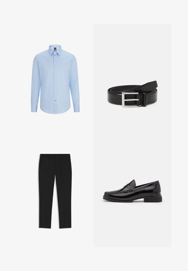 Himmelblaues, langärmliges Hemd mit Knopfleiste und klassischem Kragen, aus glattem Stoff gefertigt. Mit weißen Knöpfen an der Vorderseite und an den Manschetten.; Schwarze maßgeschneiderte Hose mit geradem Bein, ausgestattet mit zwei seitlichen Taschen und vorderen Falten für Struktur, aus glattem Stoff gefertigt.; Schwarze Lederloafers mit runder Zehenform, ausgestattet mit einer genähten Detail über dem Vorderschaft und einem niedrigen Blockabsatz. Glatte Textur und glänzende Oberfläche.; Schwarzer Leder-Gürtel mit glänzender Oberfläche; ausgestattet mit einer silbernen Metallschnalle im rechteckigen Rahmendesign und glatten Kanten.