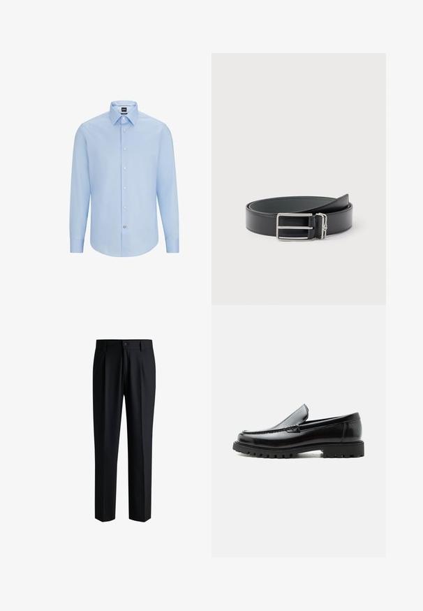 Himmelblaues, langärmliges Hemd mit Knopfleiste und klassischem Kragen, aus glattem Stoff gefertigt. Mit weißen Knöpfen an der Vorderseite und an den Manschetten.; Schwarze Hose aus glattem Stoff, mit geradem Bein-Design, Falten vorne und einem Knopfverschluss mit Gürtelschlaufen.; Schwarzer Lederloafer mit grober Gummisohle, genähter Oberseite und geprägtem Markennamen an der Ferse, seitlich auf weißem Hintergrund gezeigt.; Schwarzer Ledergürtel mit einer silbernen rechteckigen Schnalle und einer kleinen silbernen Schlaufe, auf weißem Hintergrund aufgewickelt.