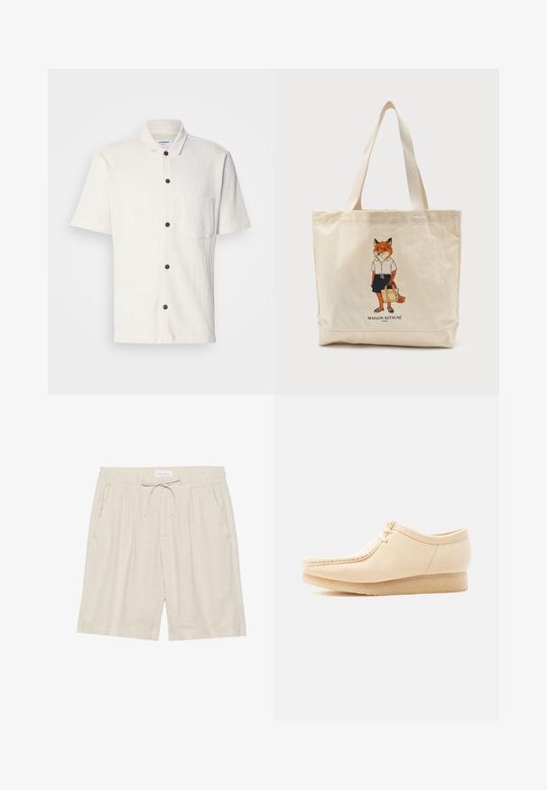 Weißes Kurzarmhemd mit strukturiertem Design, dunkle braune Knöpfe an der Vorderseite und einer einzelnen Brusttasche.; Beige Leinenshorts mit einem elastischen Bund, Kordelzug und Seitentaschen. Lockere Passform mit geradem Schnitt und umgeschlagenem Saum.; Beiger Wildleder-Schnürschuh mit Kreppsohle, Moc-Toe-Naht und niedrigem Keilabsatz, von der Außenseite vor einfachem Hintergrund gezeigt.; Beige Tragetasche mit langen Griffen, auf der ein Fuchs in Hemd und Rock eine Handtasche hält, mit dem Schriftzug „Maison Kitsuné Paris“ darunter.