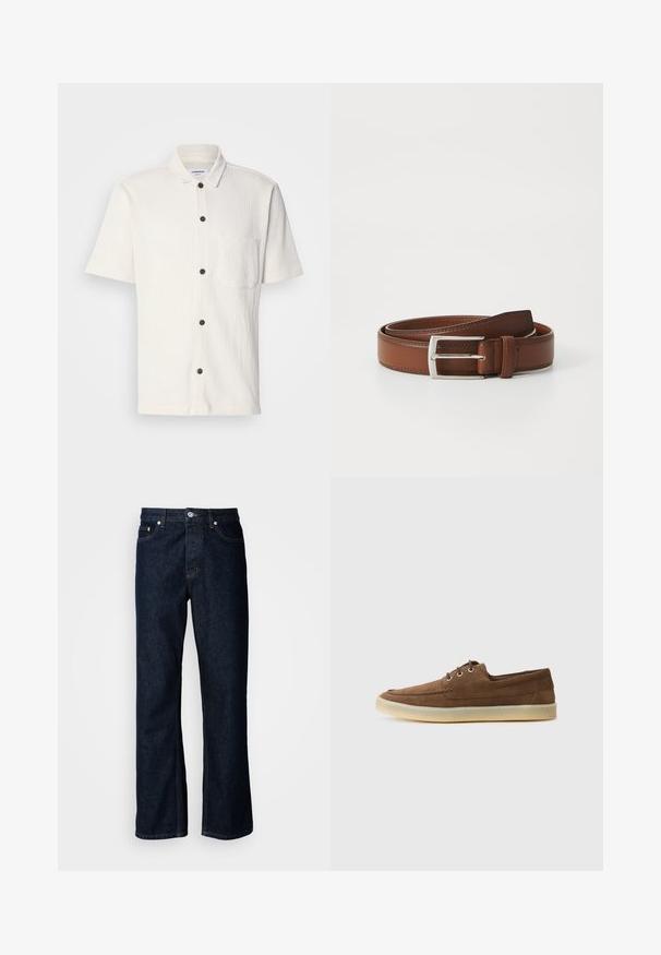 Hvid skjorte med korte ærmer og struktureret design, frontknapper i mørkebrun og en enkelt brystlomme.; Mørkeblå denim jeans med lige ben, der har fem-lomme design, knappelukning og orange syninger.; Brune ruskindssko med lav profil, snørebåndsdesign, gummisål og kontrasterende syninger. Simpel og funktionel stil.; Brun læderbælte med en glat overflade, præget af en sølvfarvet metalspænde og diskret syning langs kanterne. Klassisk og holdbart design.