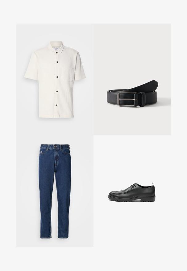 Chemise blanche à manches courtes avec un design texturé, boutons avant marron foncé, et une seule poche poitrine.; Jean bleu foncé en denim, avec une coupe droite, style cinq poches et des coutures apparentes le long des coutures.; Chaussures en cuir noir avec une finition lisse, bout arrondi et coutures décoratives. Elles possèdent une semelle en caoutchouc avec des rainures de traction et un laçage.; Ceinture en cuir noir roulée avec une boucle métallique argentée rectangulaire sur un fond clair uni.