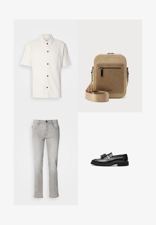 Hvid skjorte med korte ærmer og struktureret design, frontknapper i mørkebrun og en enkelt brystlomme.; Lysegrå denimjeans med lige pasform, der har knaplukning, fem lommer og subtil falming. Glat tekstur, minimal detaljer.; Sorte læder loafers med en glat overflade, en rund tå og en dekorativ kvast på remmen. Flad sål og subtil broderidetalje.; Lille beige crossbody-taske med lynlåslomme foran, metal ALDO-logo, justerbar bred rem og rundet rektangulær form på hvid baggrund.