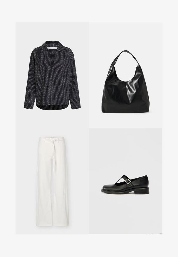 Blouse noire à manches longues avec rayures verticales blanches en pointillés, col ouvert et coupe décontractée.; Pantalon blanc à jambes larges avec poches avant et ceinture en tissu nouée à la taille, présenté sur un fond uni.; Chaussure Mary Jane en cuir noir avec un bout rond, un design à bride en T, une boucle réglable et un petit talon empilé. Texture lisse avec peu de détails.; Sac hobo en cuir noir avec une texture douce et brillante et un haut ouvert arrondi. Dispose d'une large sangle courbée pour le transport. Pas de matériel visible.