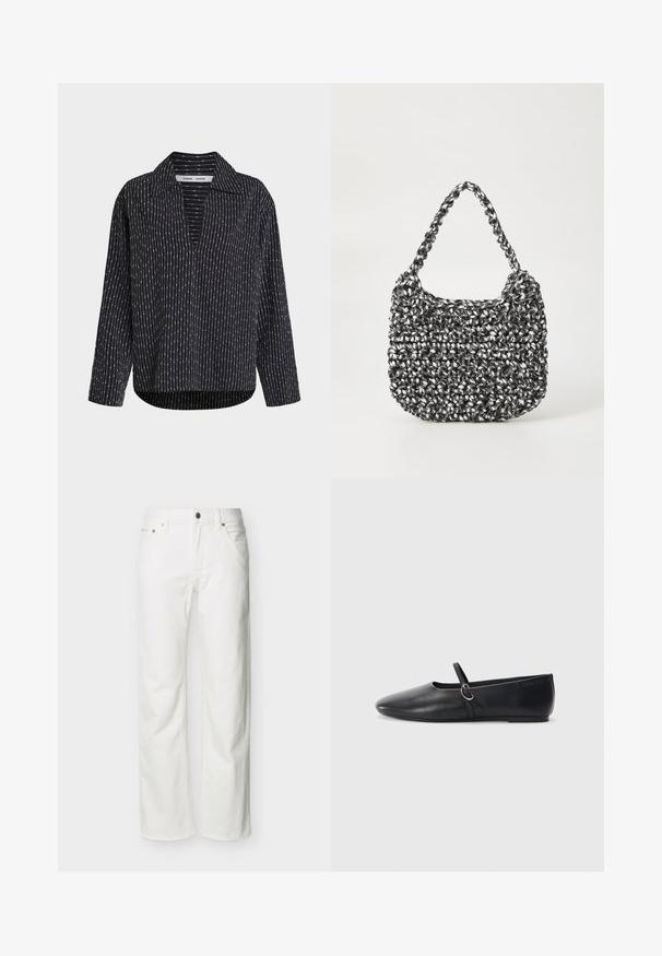Blouse noire à manches longues avec rayures verticales blanches en pointillés, col ouvert et coupe décontractée.; Jean blanc à jambes droites avec poches avant, passants pour ceinture, fermeture par bouton, et coutures visibles sur un fond uni.; Ballerines noires en cuir avec un bout pointu, une semelle plate et une petite sangle avec un détail de boucle en argent.; Sac en osier noir et blanc de forme arrondie, avec une surface texturée et une poignée tressée. Convient à un usage décontracté.