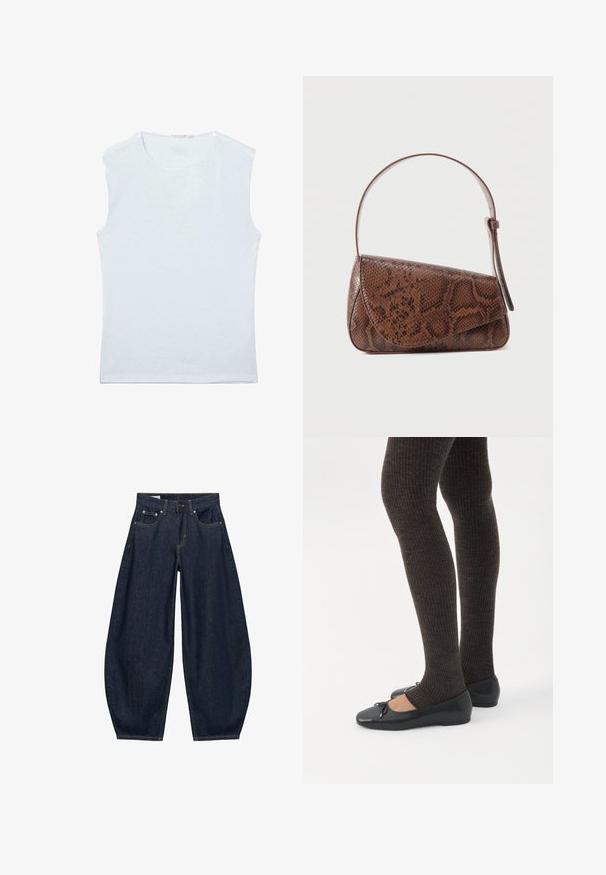 Débardeur sans manches en coton blanc avec encolure ronde et un design simple et uni.; Jean en denim bleu foncé à jambes larges avec poches avant, passants de ceinture et fermeture par bouton à la taille.; Jambes portant des leggings côtelés foncés associés à des ballerines noires avec de petits détails en nœud sur fond blanc.; Sac à bandoulière en cuir à motif peau de serpent marron avec une fermeture à rabat et une seule bandoulière réglable, sur un fond uni.