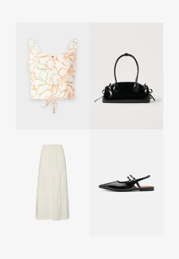 Billabong FEELIN FLORAL - Μπλούζα - salt crystal; Λευκή, tiered maxi φούστα από ελαφρύ, υφασμάτινο υλικό με ελαστική μέση. Διαθέτει τρία διακριτά τμήματα υφάσματος.; Μαύρα παπουτσάκια slingback από πατενταρισμένο δέρμα με μυτερή μύτη, δύο λουριά με αγκράφες και επίπεδη σόλα.; Μικρή μαύρη γυαλιστερή τσάντα με δύο μακριές λαβές και λεπτομέρειες με ρυθμιζόμενο κορδόνι στο πλάι σε απλό ανοιχτό φόντο.