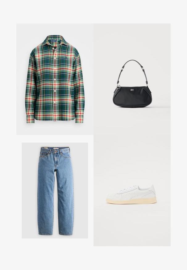 Langærmet skjorte med knaplukning, i grøn, marineblå, hvid, orange og gul plaidmønster, med spredt krave og lille broderet logo på brystet.; Lysblå denim jeans med lige ben-design, fem lommer, lynlås og en subtil falmet tekstur. Klassisk stil med minimal hardware.; Sneakers med hvid syntetisk overdel, perforeret design, flade snørebånd og cremefarvet gummisål. Har et logo på hælen og siden.; Sort skuldertaske med justerbar rem, lynlås og lille sølv krokodille logo foran i midten.