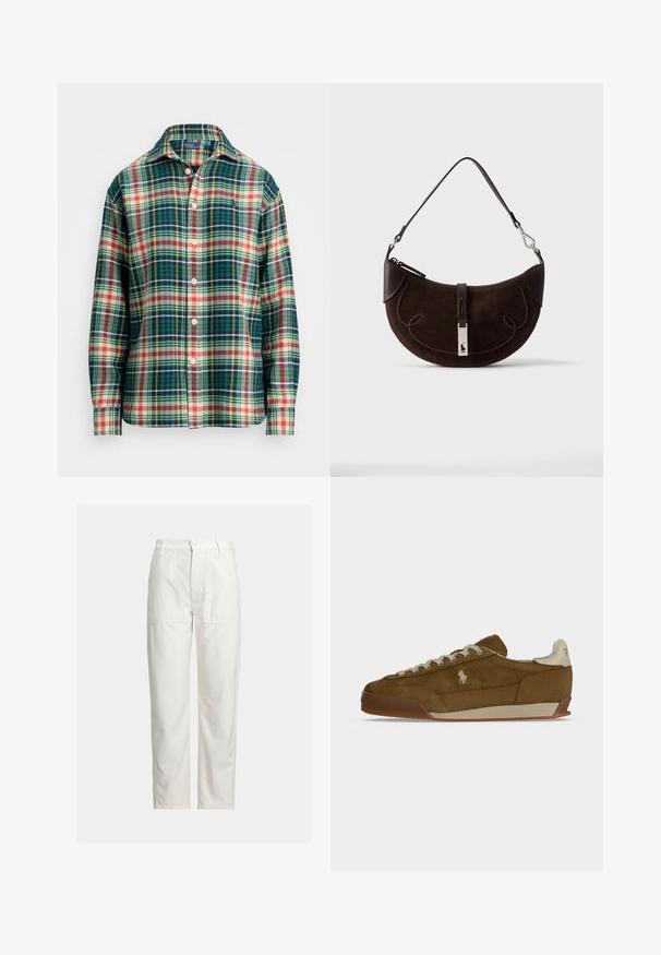 Camisa de manga larga con botones, de patrón de cuadros en verde, navy, blanco, naranja y amarillo, con cuello esparcido y pequeño logo bordado en el pecho.; Pantalones blancos de pierna recta con grandes bolsillos parche delanteros, trabillas para cinturón y cierre con botón en la cintura.; Zapatilla de ante marrón con cordones crema, suela gruesa y un pequeño logo blanco bordado en el lateral.; Bolso de ante de color marrón oscuro en forma de media luna con ribete trenzado, correa de cuero y un cierre plateado con un pequeño logo de caballo.