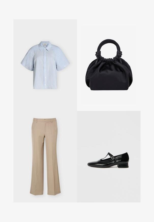 Chemise bleu clair à manches courtes, boutonnée, avec des rayures verticales beige et blanches et un col classique sur fond blanc.; Pantalon beige pour femme avec passants de ceinture, pli devant et coupe droite à jambes larges sur fond blanc uni.; Chaussures Mary Jane en cuir noir avec bout pointu, petit talon carré et bride ajustable avec une boucle argentée. Texture lisse et brillante.; Sac à main en tissu noir doux avec haut froncé et poignées circulaires rembourrées nouées de chaque côté.