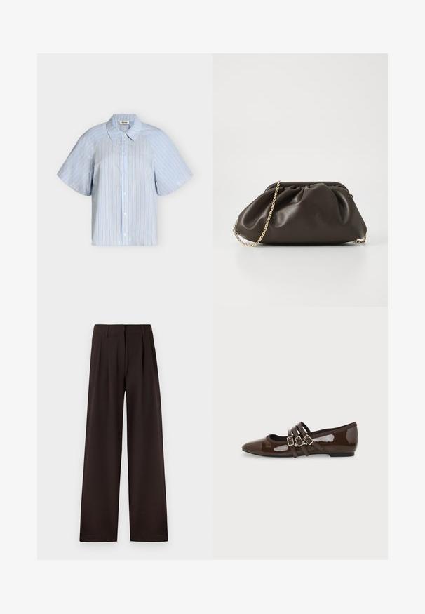 Chemise bleu clair à manches courtes, boutonnée, avec des rayures verticales beige et blanches et un col classique sur fond blanc.; Pantalon marron foncé à jambes larges avec plis et passants pour ceinture, doté d'une fermeture éclair avant et d'un ourlet net sur un fond uni.; Chaussure plate en cuir verni marron avec bout pointu et trois brides ajustables à boucle sur le côté, vue du profil extérieur.; Sac à main en cuir marron avec un design froncé, une bandoulière en chaîne dorée et une finition douce et texturée. Sa forme compacte est idéale pour une utilisation en soirée.