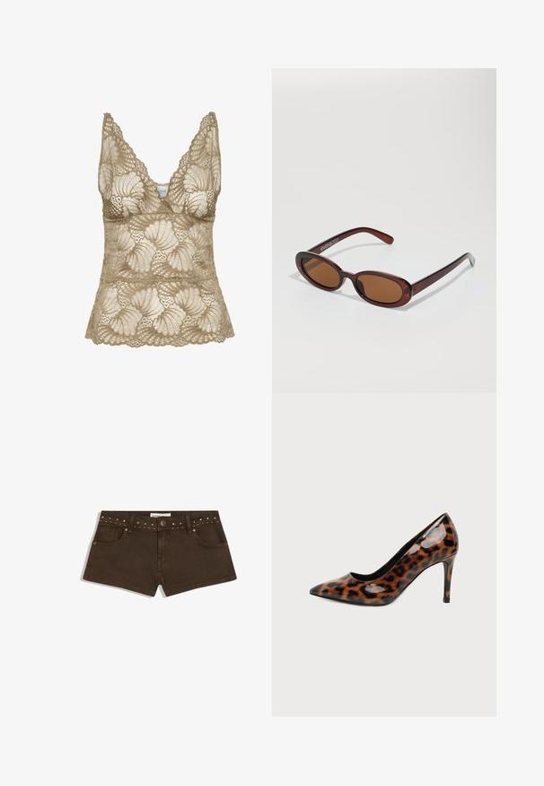 Beige spids Top med v-udskæring, der har bølgede kanter og et blomsterdesign. Blød tekstur med detaljeret håndværk.; Mørkebrune denimshorts med sølvnitter på linningen, frontknaplukning, bæltestropper og forlommer, vist på en hvid baggrund.; Skinnende højhælet sko med spids tå med brun og sort leopardmønster mod en ensfarvet lys baggrund.; Runde, bruntonede solbriller med en glansfuld bordeauxramme. Slanke arme med diskret brandingdetalje. Flad linsedesign.