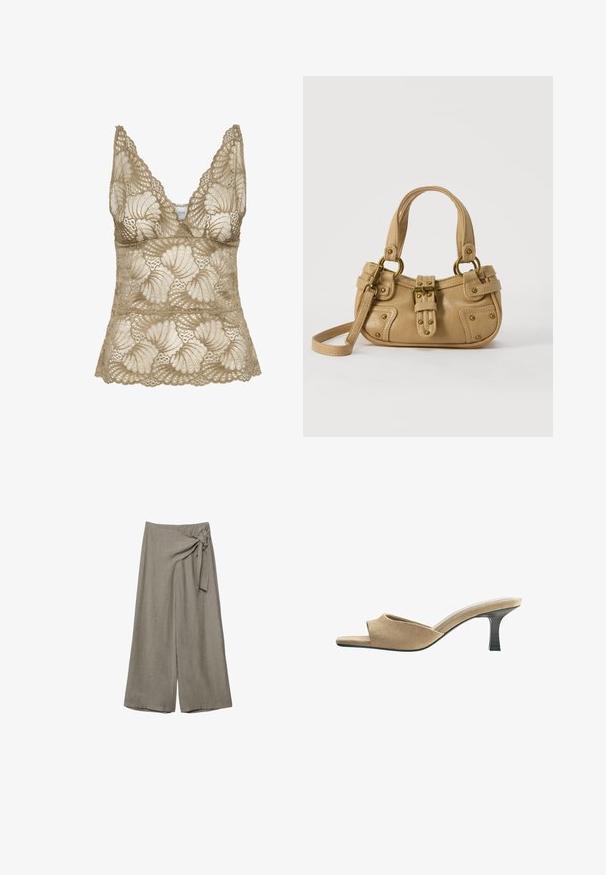 Beige spids Top med v-udskæring, der har bølgede kanter og et blomsterdesign. Blød tekstur med detaljeret håndværk.; Bredbuksbukser i taupe med højt talje og en stofknude-detalje på højre side.; Beige ruskind åben tå mule med kort sort kittenhæl og åben hæl, vist fra siden på en hvid baggrund.; Beige læderhåndtaske med dobbelte håndtag, messing spænde og nitte detaljer samt en justerbar skulderrem mod en hvid baggrund.